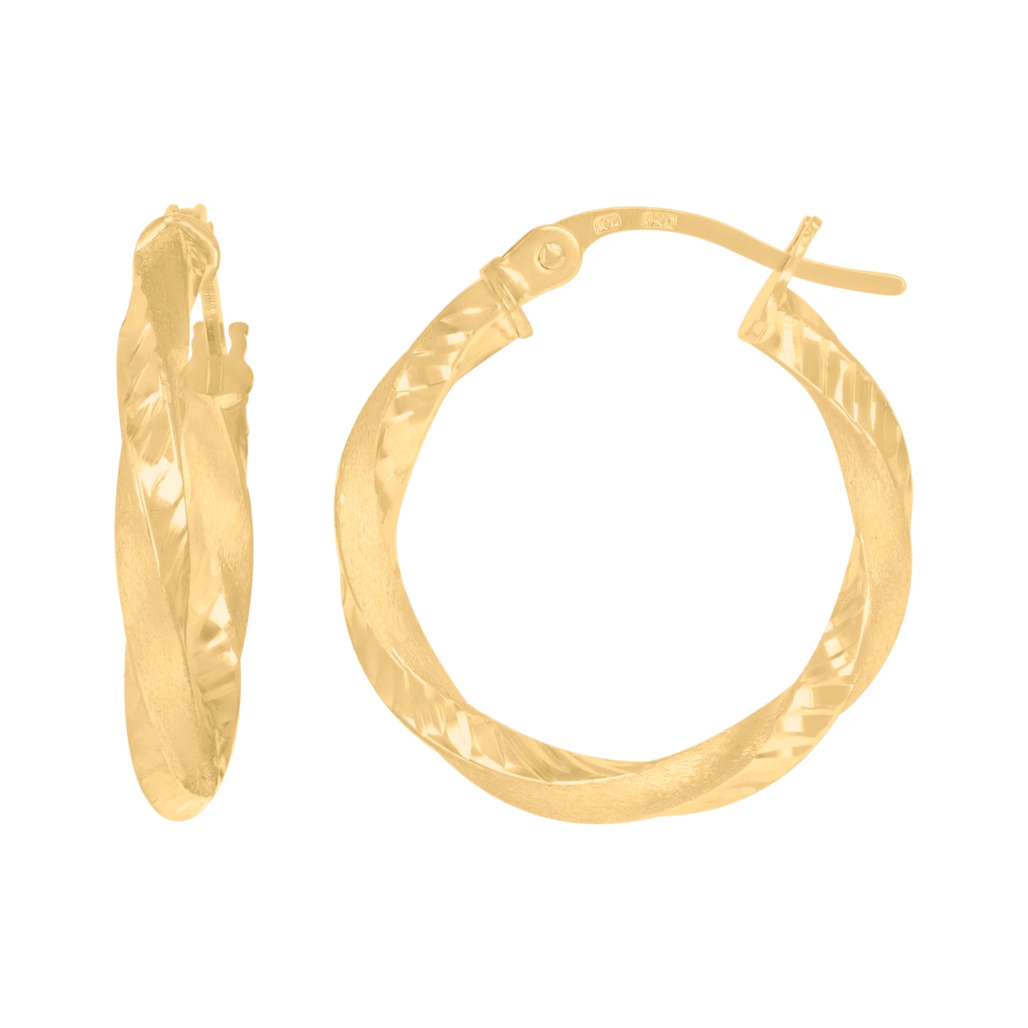 10K Yellow Gold Womens Twisted Tube Diamond-cut Brushed 2mm Hinged Hoops Huggies