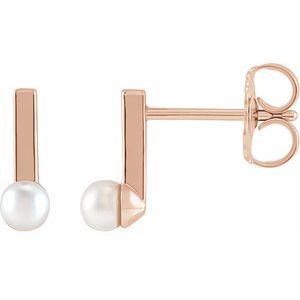 14K Rose Gold Pearl 3 Mm Cultured White Seed Pearl Bar Earrings