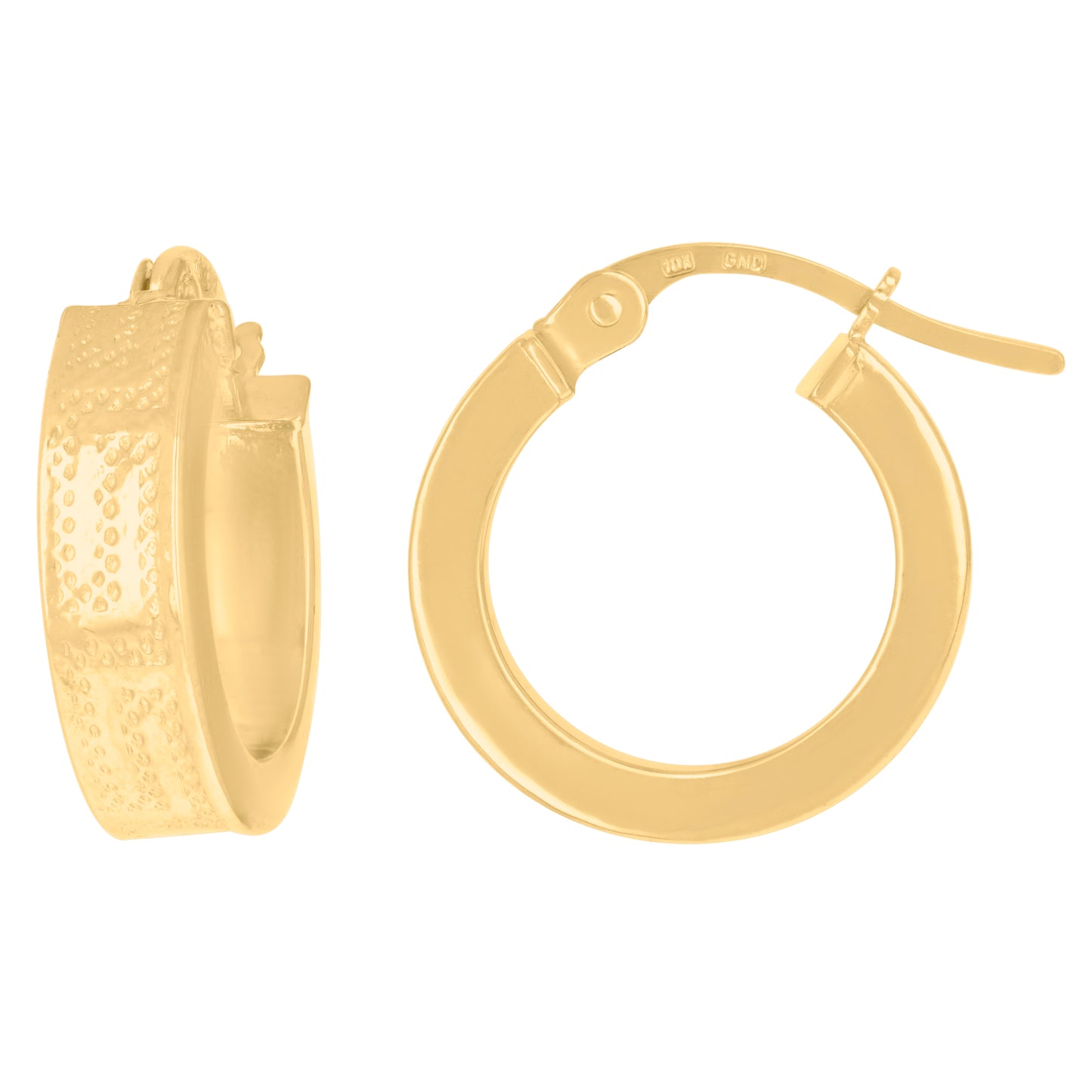 10K Yellow Gold Womens Greek Key Pattern Embossed Flat Tube Huggie Hoop Earrings