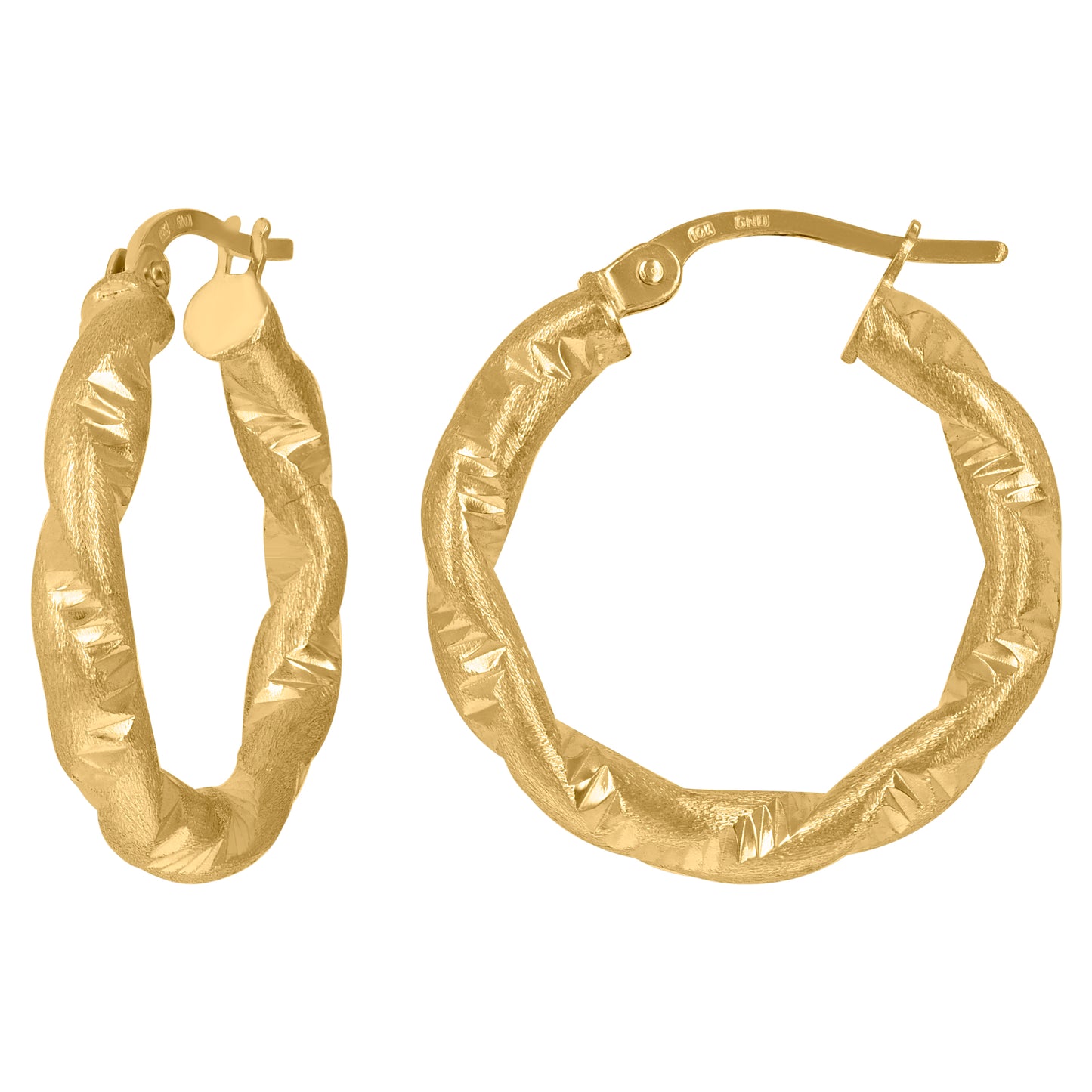 10K Yellow Gold Womens Twisted Tube Diamond-cut Brushed Hinged Hoops Huggies