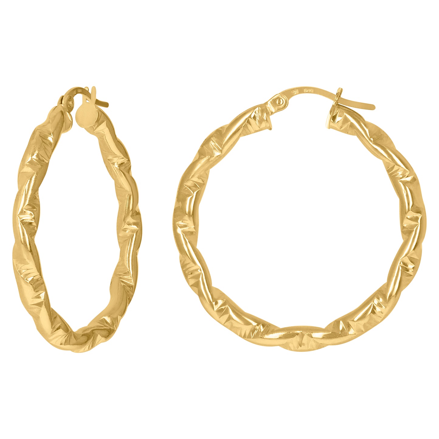 10K Yellow Gold Womens Twisted Tube Diamond-cut Brushed Hinged Hoops Huggies