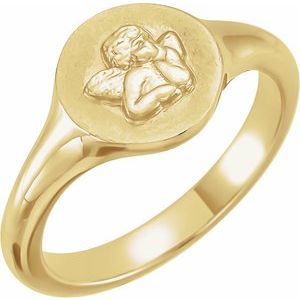 14K Yellow Gold 8.84 Mm Bead Blast/Polished Polished Cherub Angel Signet Pinky Ring Size 4