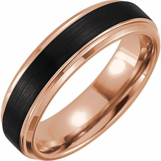 18K Rose Gold PVD & Black PVD Tungsten 6 mm Beveled Stepped-Edge Comfort-Fit Band With Satin Finish Size 9