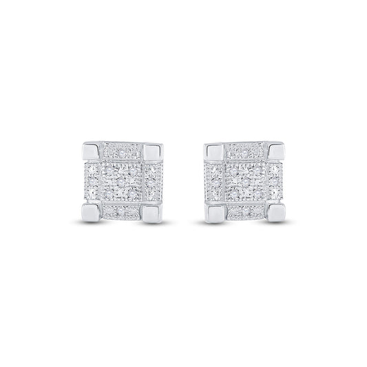 Sterling Silver Round Diamond 3D Cube Square Earrings 1/20 Cttw