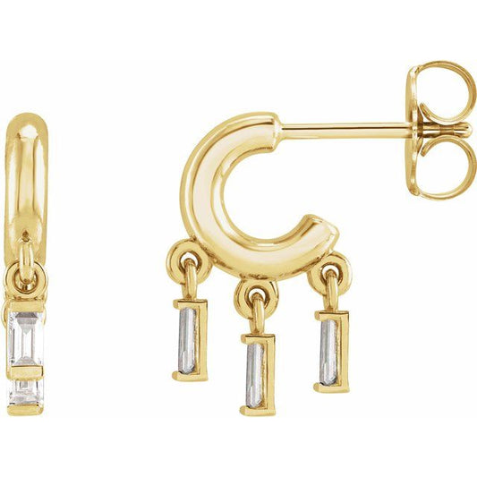 14K Yellow Gold Straight Baguette 3 X 1.5 Mm Friction Back Polished 1/5 Ctw Natural Diamond Fringe Hoop Earrings