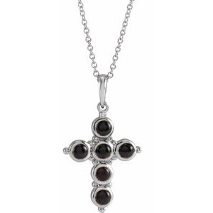 14K White Gold Round 3 Mm  Black Onyx Cabochon Cross Necklace, Length: 18 In