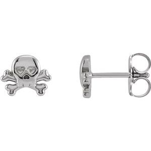 14K White Gold 7.5 X 6.12 Mm Pair Friction Backs Included Polished Petite Skull And Crossbones Earrings