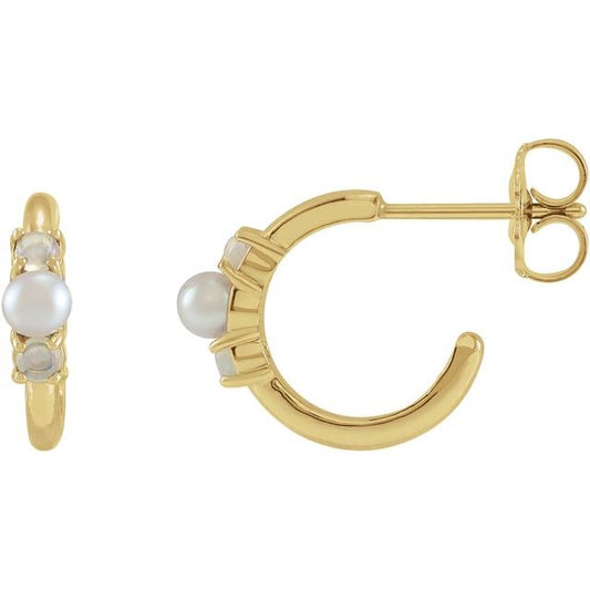 14K Yellow Gold 3 Mm Friction Backs Polished Cultured White Seed Pearl And Ethiopian Opal Hoop Earrings