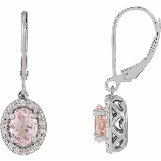 14K White Or Yellow Gold Oval 7 X 5 Mm Lever Backs Polished Natural Morganite And 1/8 Ctw Natural Diamond Dangle Lever Back Earrings