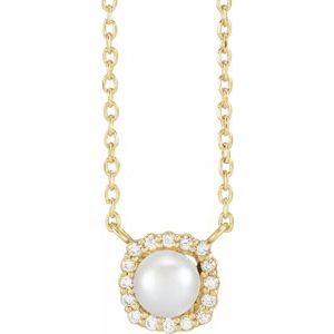 14K Yellow Gold Pearl 4.5Mm G-H I1 Cultured White Akoya Pearl And .06 Ctw Natural Natural Diamond Halo Necklace, Length: 18 In