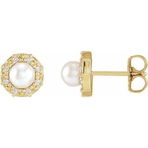 14K Yellow Gold Pearl 4Mm I1, G-H Cultured White Akoya Pearl And .07 Ctw Natural Diamond Friction Back Halo-Style Earrings