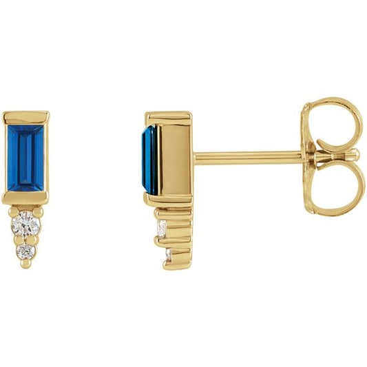 14K Yellow Gold Straight Baguette 4 X 2 Mm Friction Back Polished Natural Blue Sapphire And .03 Ctw Natural Diamond Bar Earrings