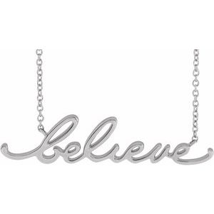 14K White Gold 35.32 X 8.25 Mm 18 In Polished "Believe" Necklace