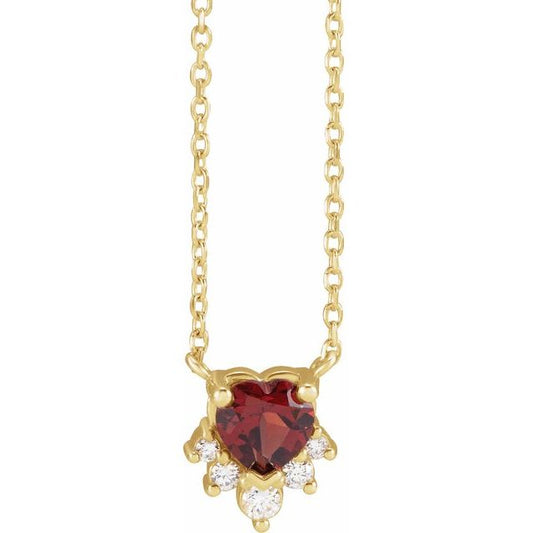 14K Yellow Gold Heart 5 X 5Mm I1, G-H 18 In Polished Natural Mozambique Garnet And .07 Ctw Natural Diamond Necklace