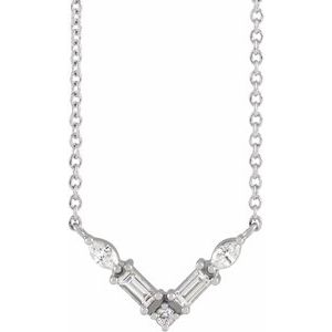 14K White Gold Straight Baguette 3.25 X 1.5Mm Ghi Si2-Si3 1/6 Ctw Natural Diamond Multi-Shape Petite "V" Necklace, Length: 18 In