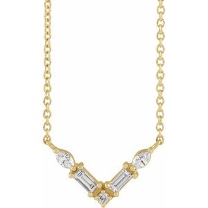 14K Yellow Gold Straight Baguette 3.25 X 1.5Mm Ghi Si2-Si3 1/6 Ctw Natural Diamond Multi-Shape Petite "V" Necklace, Length: 18 In
