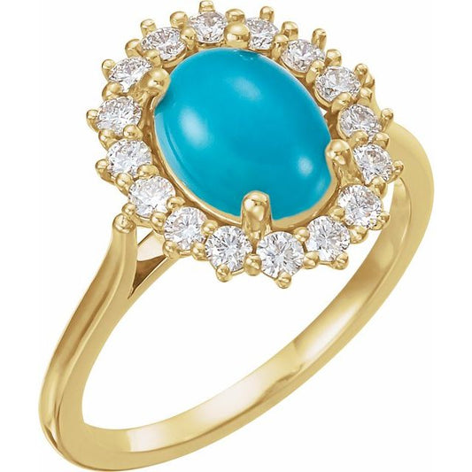 14K Yellow Gold Oval 9 X 7 Mm Polished Natural Turquoise And 3/8 Ctw Natural Diamond Halo-Style Ring, Size 7