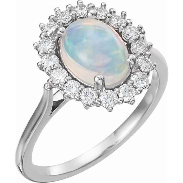 14K Yellow Or White Gold Oval 7 X 5 Mm Polished Natural Ethiopian Opal And 1/5 Ctw Natural Diamond Halo-Style Cabochon Ring, Size 7