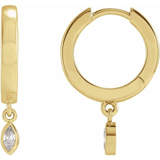14K Yellow Gold Marquise 4 X 2 Mm Hinged Polished 1/8 Ctw Natural Diamond Bezel Dangle Hinged Hoop Earrings