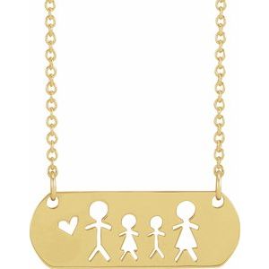 14K Yellow Gold Father, Daughter, Son, & Mother Stick Figure Family 18" Necklace