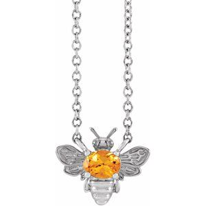 Sterling Silver Oval 4 X 3 Mm  Natural Spessartite Garnet Bee Necklace, Length: 18 In