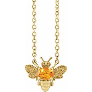 14K Yellow Gold Oval 4 X 3 Mm  Natural Spessartite Garnet Bee Necklace, Length: 18 In