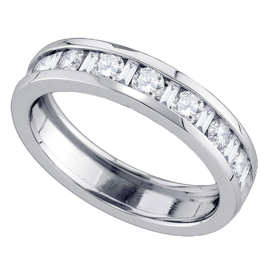 14K White Gold Womens Alternating Round Baguette Diamond Single Row Wedding Band 1 Cttw, Womens Size: 5-10