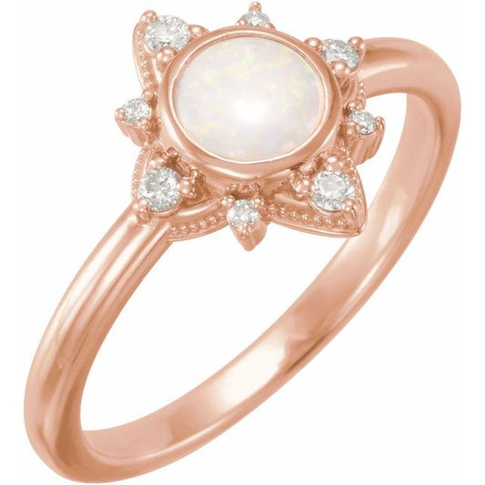 14K Rose Or Yellow Gold Round 5.5 Mm Polished Natural White Opal And 1/10 Ctw Natural Diamond Ring, Size 7