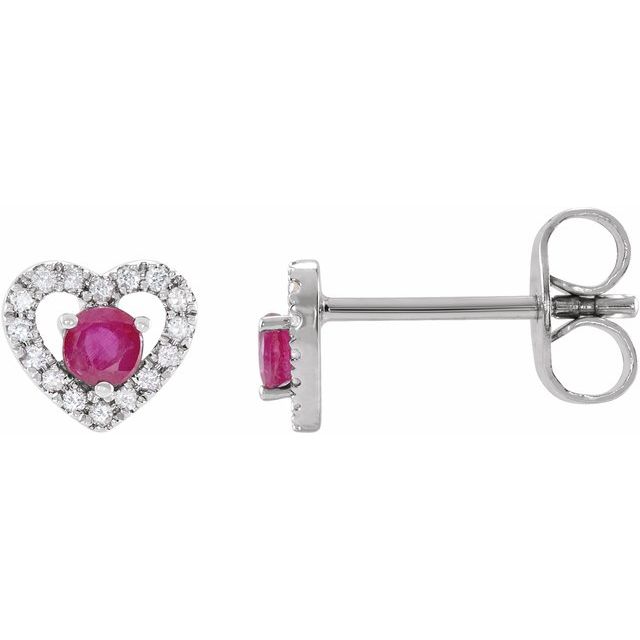 14K White Gold 2.5 Mm Round Friction Back Polished Natural Ruby And 1/10 Ctw Natural Diamond Earrings