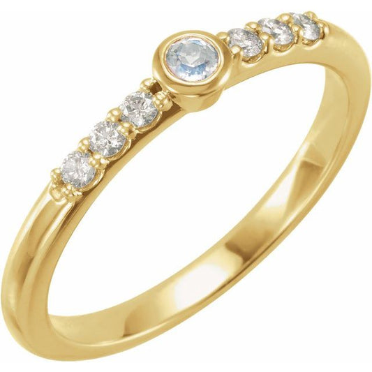 14K Yellow Or Rose Gold Round 2.5 Mm Polished Natural Blue Sheen Moonstone And 1/6 Ctw Natural Diamond Stackable Ring, Size 7