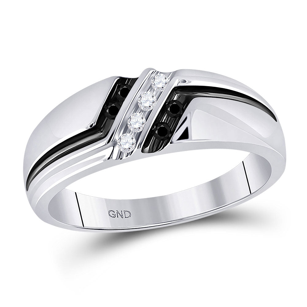 10K White Gold Mens Round Black Color Enhanced Diamond Band Ring 1/5 Cttw, Mens Size: 7-13