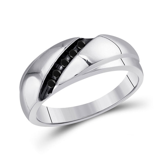 Sterling Silver Mens Round Black Color Enhanced Diamond Diagonal Row Band Ring 1/8 Cttw, Mens Size: 7-13