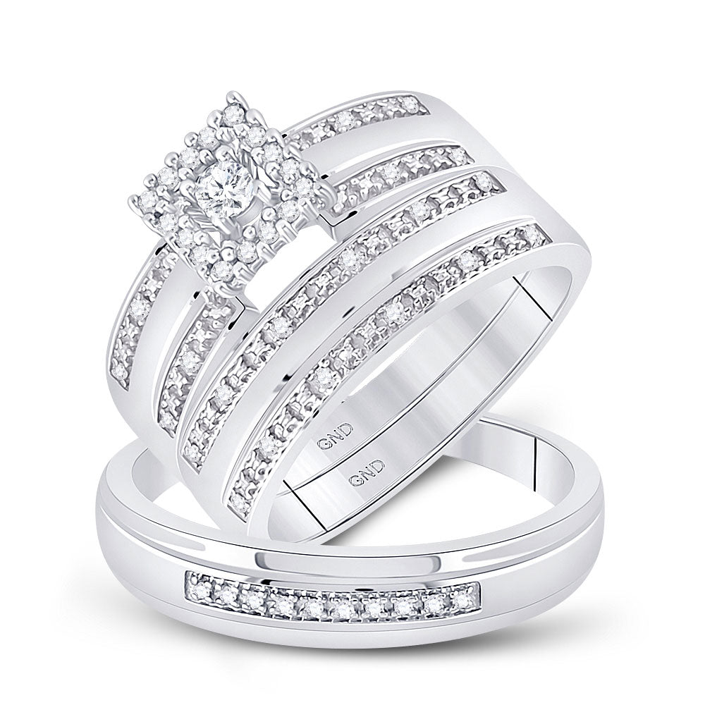 Sterling Silver His Hers Round Diamond Solitaire Matching Wedding Set 1/4 Cttw, Womens Size: 5-10, Mens Size: 7-13