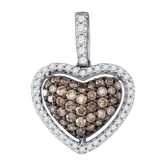 10K White Gold Womens Round Brown Diamond Heart Pendant 1/2 Cttw, Length: 0.71 In, Width: 0.51 In