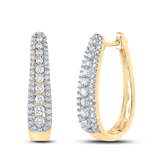 10K Yellow Gold Womens Round Diamond Oblong Hoop Earrings 7/8 Cttw, Length: 0.95 In