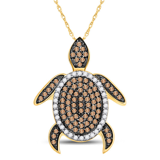 10K Yellow Gold Womens Round Brown Diamond Sea Turtle Animal Pendant 3/8 Cttw, Length: 0.85 In, Width: 0.67 In