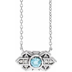 14K White Gold Round 4Mm G-H I1 Aquamarine And .03 Ctw Natural Diamond Art Deco Necklace, Length: 18 In