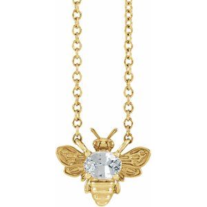 14K Yellow Gold Oval 4 X 3 Mm  Natural White Sapphire Bee Necklace, Length: 18 In