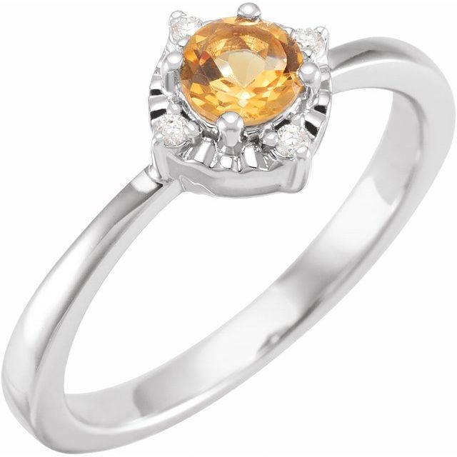 14K Yellow Gold Or Sterling Silver Round  4.5 Mm I2, H+ Polished Natural Gemstone And .04 Ctw Natural Diamond Ring