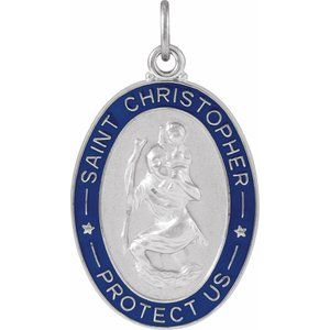 Sterling Silver 26 X 20 Mm Polished Oval Enameled St. Christopher Medal