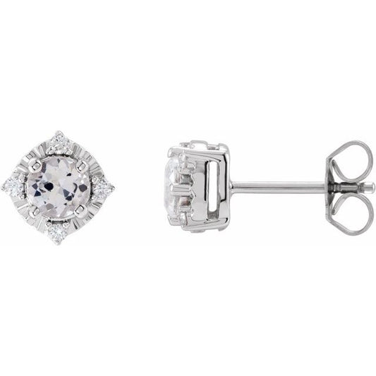 14K White Gold Or Sterling Silver 4.5 Mm Round Friction Polished Lab-Grown Gemstone And .08 Ctw Natural Diamond Halo-Style Earrings