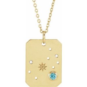 14K Yellow Gold Zodiac Scorpio Round 2.5 Mm G-H I1 Natural Blue Zircon And .01 Ctw Natural Diamond Zodiac Constellation Necklace, Length: 18 In