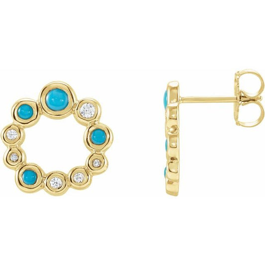 14K Yellow Gold 3 Mm Round Friction Back Polished Natural Turquoise And 1/8 Ctw Natural Diamond Cabochon Earrings