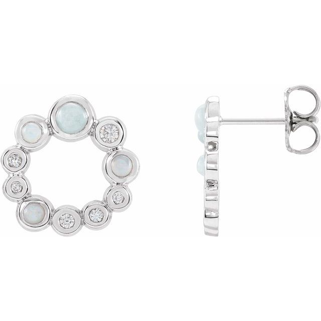 14K White Gold 3 Mm Round Friction Back Polished Natural Ethiopian Opal And 1/8 Ctw Natural Diamond Cabochon Earrings