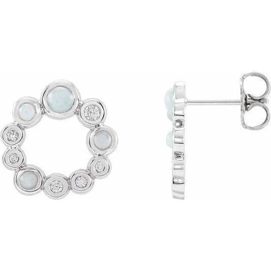 14K White Gold 3 Mm Round Friction Back Polished Natural Ethiopian Opal And 1/8 Ctw Natural Diamond Cabochon Earrings