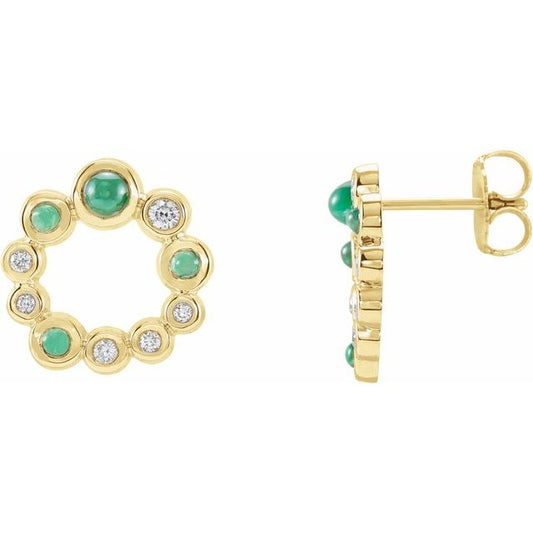 14K Yellow Gold 3 Mm Round Friction Back Polished Natural Emerald And 1/8 Ctw Natural Diamond Cabochon Earrings