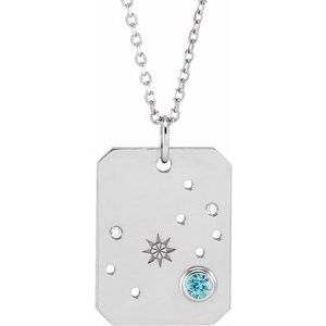 Sterling Silver Zodiac Scorpio Round 2.5 Mm G-H I1 Natural Blue Zircon And .01 Ctw Natural Diamond Zodiac Constellation Necklace, Length: 18 In