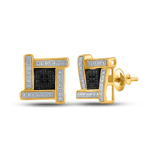 Yellow-tone Sterling Silver Round Black Color Enhanced Diamond Cluster Earrings .03 Cttw