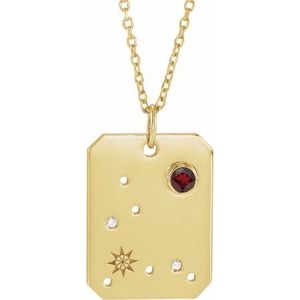 14K Yellow Gold Zodiac Pisces Round 2.5 Mm G-H I1 Natural Mozambique Garnet And .01 Ctw Natural Diamond Zodiac Constellation Necklace, Length: 18 In