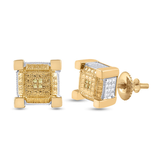Yellow-tone  Sterling Silver Round Diamond 3D Square Earrings .03 Cttw